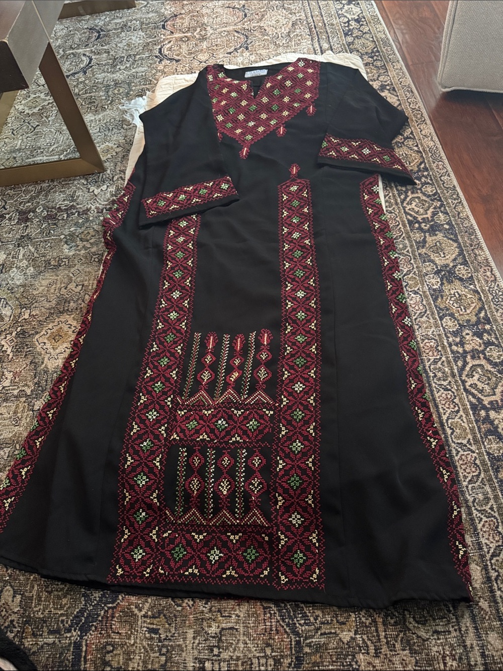 Black Embroidered thoub with Red & Green Accent